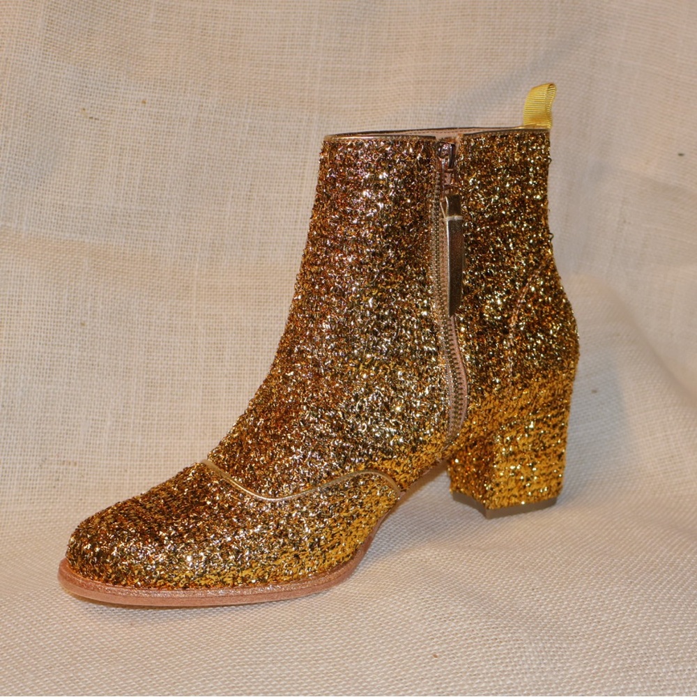 Bill Blass Anthropologie Gold Tinsel Ankle Booties with Block Heel